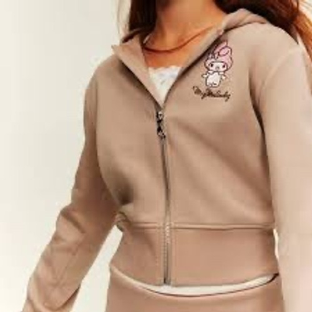 H&M Girls Size 10 Taupe Zip-Up Hoodie Jacket Embroidered My Melody Graphic Used